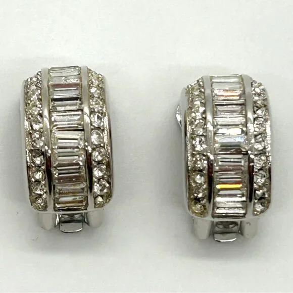 Christian Dior Vintage Clip-On Earrings With Rhinestones & Silver-Tone Metal - Picture 2 of 16